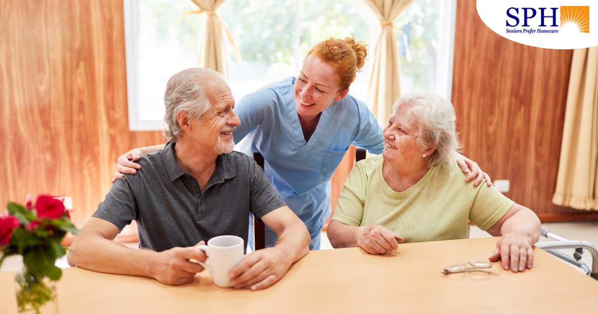 A good caregiving environment can benefit both caregiver and clients, as shown here by this caregiver and her 2 clients.