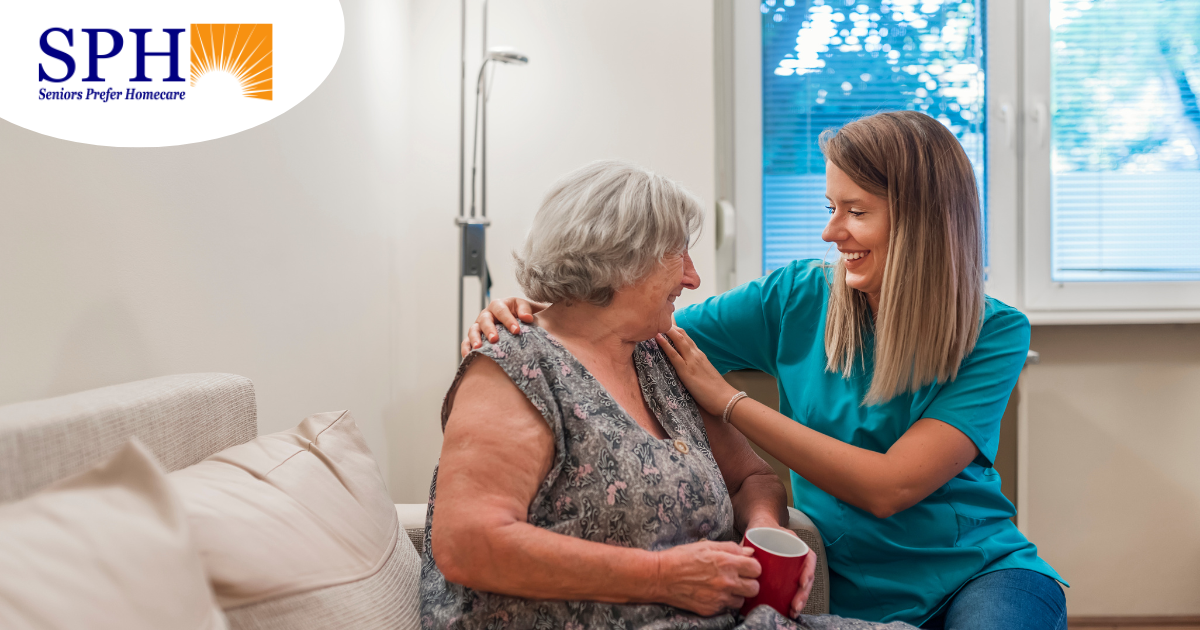 A home care provider compassionately tends to a senior client in their home.