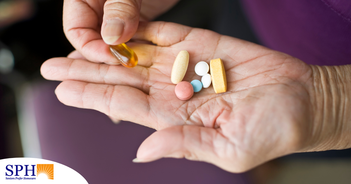 A woman holds pills in her hand, representing medication management.