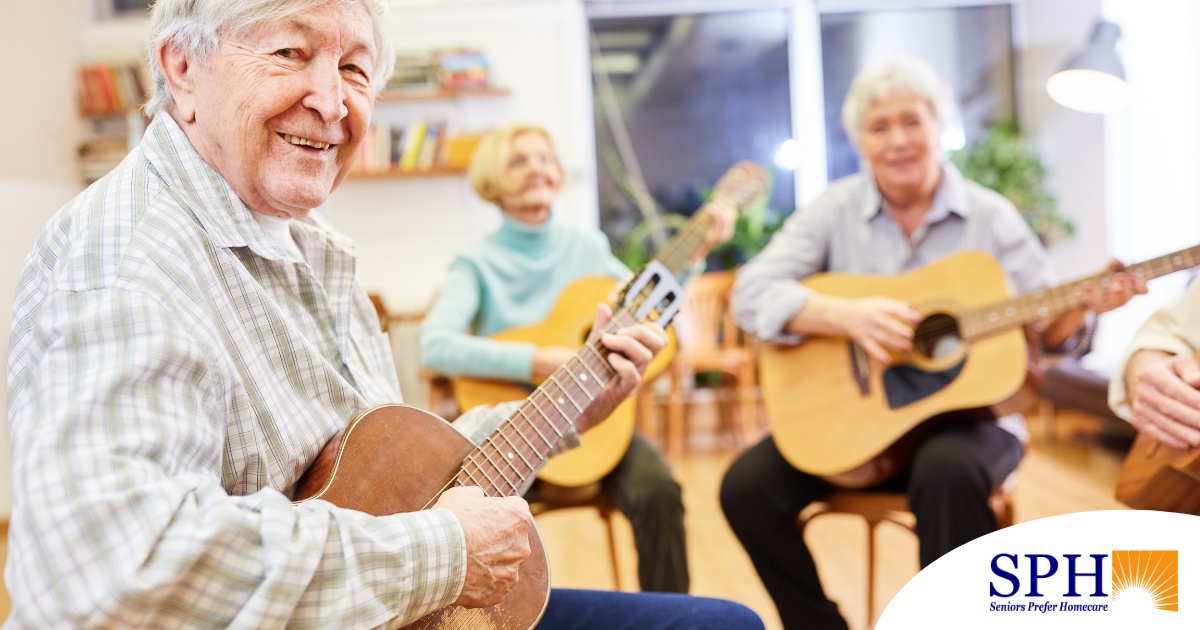 A group of seniors enjoy playing instruments together showing the impact of music for older adults.