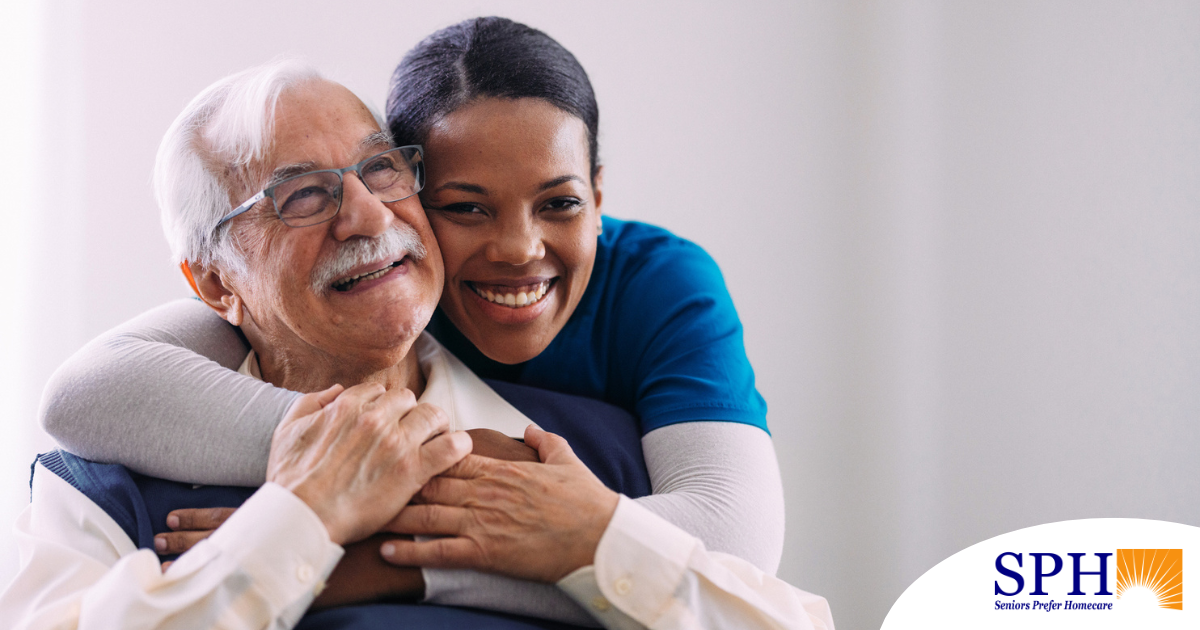 a graphic showing What a Week of Elder Care at Home Really Looks Like with a smiling caregiver and client