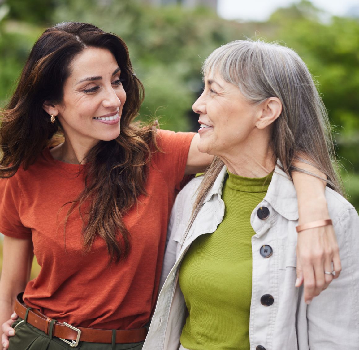 Caregiver and senior woman sharing a warm moment during hourly care in New Hope, AL outdoors