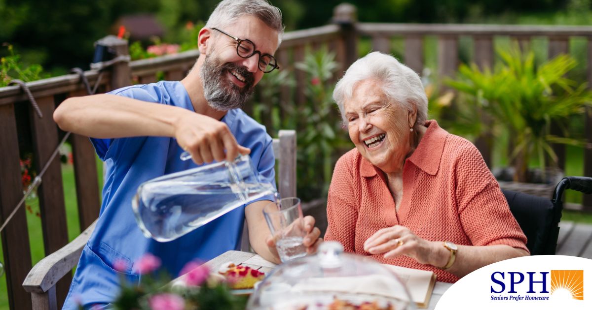 A caregiver applies summer Caregiving Tips including helping a senior stay hydrated.