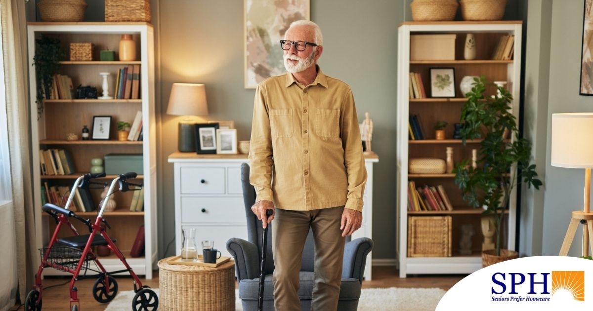 Exploring fall prevention for seniors — an elderly man stands in a safely arranged room.